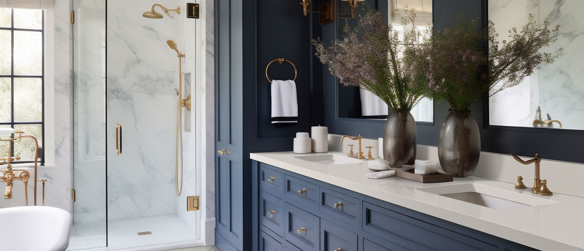 Snow White Quartz countertop in a bathroom — view 2